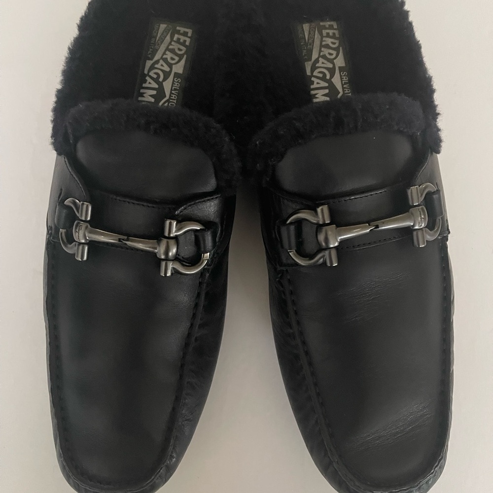 Salvatore Ferragamo Black Leather Loafers with Metallic Detailing